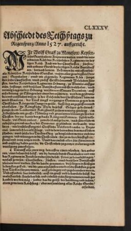 Abschiedt des Reichßtags zu Regenspurg/ Anno 1527. auffgericht.