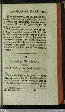 XIII. Exegetische Vorlesungen, besonders über den Text der Institutionen
