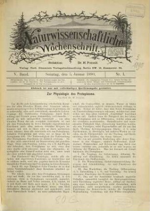 Naturwissenschaftliche Wochenschrift : allgemeinverständliche Wochenschrift für sämtliche Gebiete der Naturwissenschaften. 5. 1890