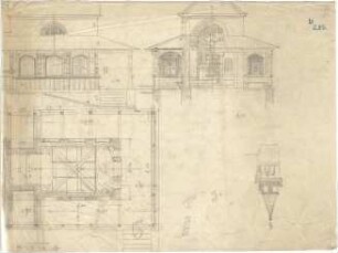 Thiersch, August ; Bad Reichenhall; Hl. Kreuz - Kapelle - Grundriss, Teilansicht, Schnitt, Detail