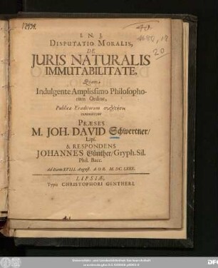 Disputatio Moralis, De Iuris Naturalis Immutabilitate