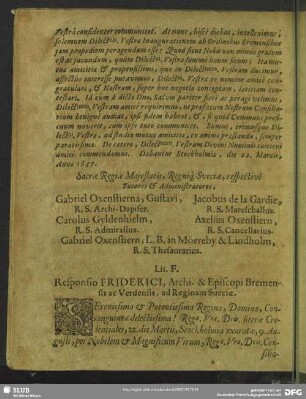 Lit. F. Responsio Friderici, Archi- & Episcopi Bremensis ac Verdensis, ad Reginam Sueciae