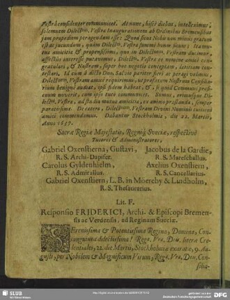 Lit. F. Responsio Friderici, Archi- & Episcopi Bremensis ac Verdensis, ad Reginam Sueciae