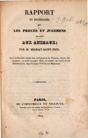 Rapport et recherches sur les procès et jugemens relatifs aux animaux