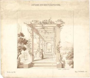 Hoefl, Hans Hugo; Studentenarbeiten - Arkadenreihe mit Brunnen u. Berglandschaft im Hintergrund (Perspektive)