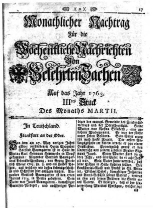 Monathlicher Nachtrag [...] Auf das Jahr 1763. IIItes Stuck Des Monaths Martii