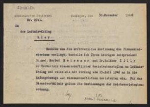 Abschrift: Akadem. Rektoramt an Leibniz-Kolleg. 30.11.1948