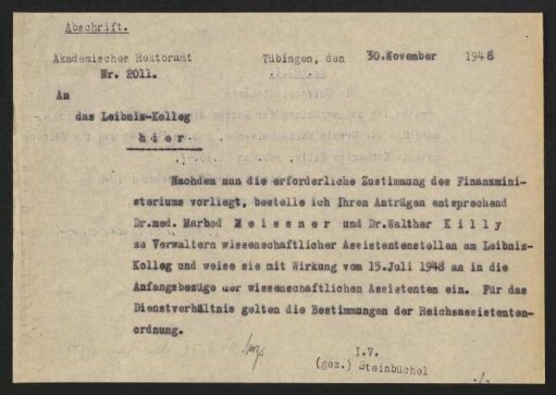 Abschrift: Akadem. Rektoramt an Leibniz-Kolleg. 30.11.1948