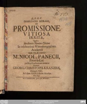 Dissertatio Moralis, De Promissione Vitiosa Irrita