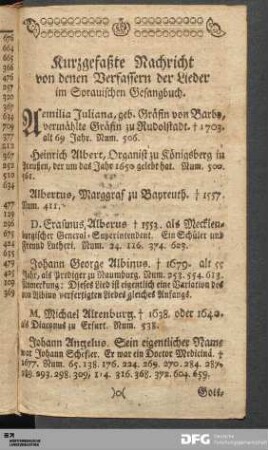 Kurzgefaßte Nachricht von denen Verfassern der Lieder im Sorauischen Gesangbuch.