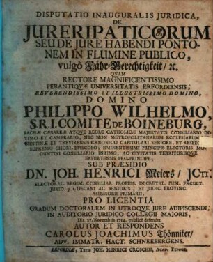 Disp. inaug. De iure ripaticorum, seu de iure habendi pontonem in flumine publico
