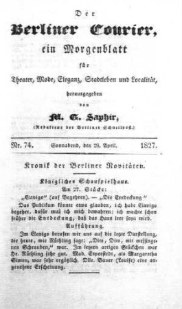 Nr. 74, Sonnabend, den 28. April 1827