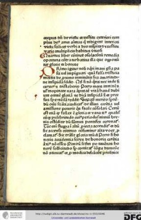 Quartus liber continet consolationum remedia oportuna contra turbativa illa que opponuntur glorie et honore.