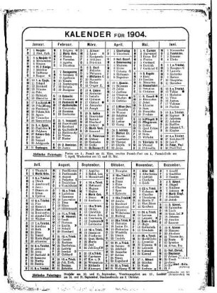 Kalender für 1904