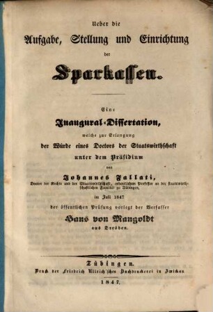 Über die Aufgabe, Stellung und Einrichtung der Sparkassen