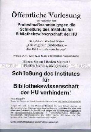 Einladung zu einer öffentlichen Vorlesung über die geplante Schließung des Instituts für Bibliothekswisschenschaft an der HUB