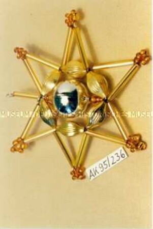 Gablonzer Christbaumschmuck - Stern mit Silberkugel und sechs goldfarbenen ovalen Perlen
