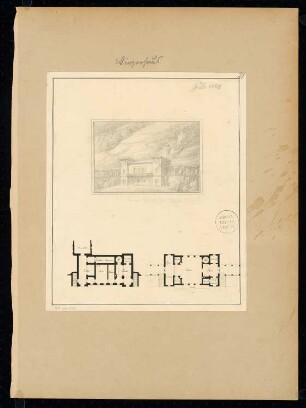 Winzerhaus Monatskonkurrenz Juli 1828: Grundriss Erdgeschoss, Obergeschoss, perspektivische Ansicht