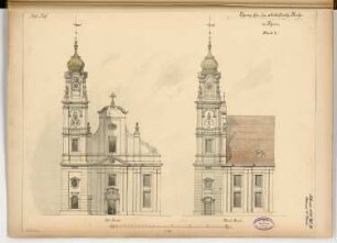 Turm der evangelischen Kirche, Thorn Monatskonkurrenz Februar 1892: 1. Variante des Turmhelms: Aufriss Ostansicht, Nordansicht 1:150; Maßstabsleiste