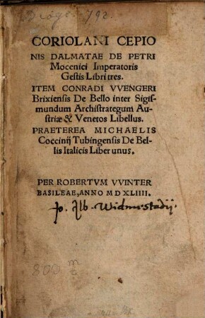Coriolani Cepionis Dalmatae De Petri Mocenici Imperatoris Gestis Libri tres