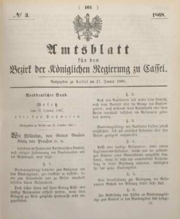 № 3. Ausgegeben zu Cassel am 27. Januar 1868.