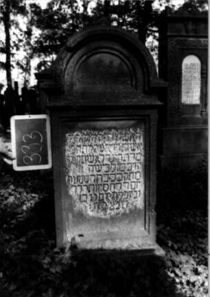 Grabstein 333 (Index: 100111952) Material: Sandstein Zustand: stark verwittert, beschädigt Maße HxBxT: 124x58x26 cm Beschreibung: Stele, profilierter Sockel, eingezogener Rundbogenabschluß mit Verdachung, rechteckiges Schriftfeld eingetieft: Grabstein 333