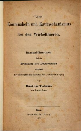 Ueber Kaumuskeln und Kaumechanismus bei den Wirbelthieren : Inaugural-Dissertation