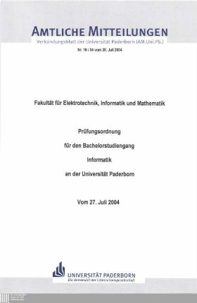 Prüfungsordnung für den Bachelorstudiengang Informatik an der Universität Paderborn : vom 27. Juli 2004