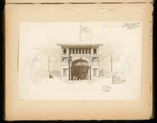 Sommertheater Monatskonkurrenz März 1878: Aufriss Vorderansicht des Bühnenhauses (mit Schnitt durch den Zuschauerraum) 1:100; Maßstabsleiste