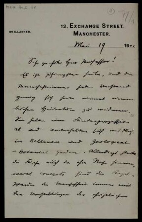 Nr. 8: Brief von Emanuel Lasker an Adolf Hurwitz, Manchester, 19.5.1902