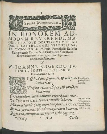 Poema Gratulatorium, In Honorem Admodum Reverendi, Magnifici Atque Doctissimi Viri Ac Domini, Bartholomaei Vischeri Boii ...