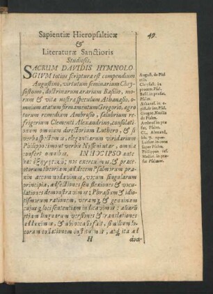 Sapientiae Hieropsalticae & Literaturae Sanctoris Studiosis.