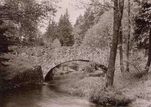 Kannenhenkelbrücke über die Prießnitz : Dresdner Heide, Kuhschwanzbrücke Prießnitz, Blick flussabwärts