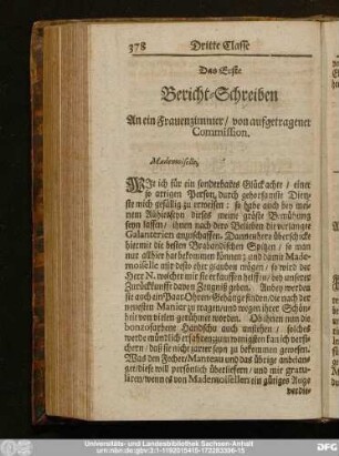 Das Erste Bericht-Schreiben An ein Frauenzimmer, von aufgetragener Commission.