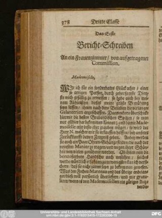 Das Erste Bericht-Schreiben An ein Frauenzimmer, von aufgetragener Commission.