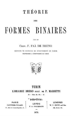 Théorie des formes binaires : Résumé des leçons faites à l'Université de Turin