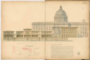 Umgestaltung der Schlossfreiheit, Berlin Monatskonkurrenz September 1874: Lageplan mit Grundriss, Aufriss Spreeansicht; 2 Maßstabsleisten, Erläuterungstext