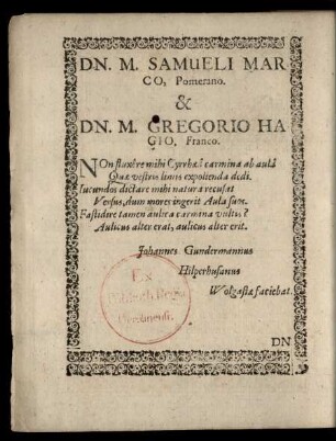 Dn. M. Samueli Marco, Pomerano & Dn. M. Gregorio Hagio, Franco.