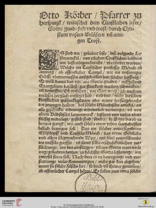 Otto Körber, Pfarrer zu Hersprugk, wünschet dem Christlichen leser, Gottis gnad, frid vnd trost, durch Christum vnsern Erloesern vñ ainigen Trost