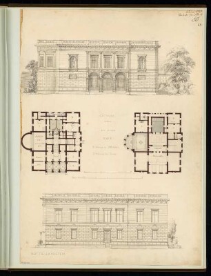 Bibliothek Monatskonkurrenz Februar 1864: Grundriss Erdgeschoss, Obergeschoss, Aufriss Vorderansicht, Seitenansicht; 2 Maßstabsleisten