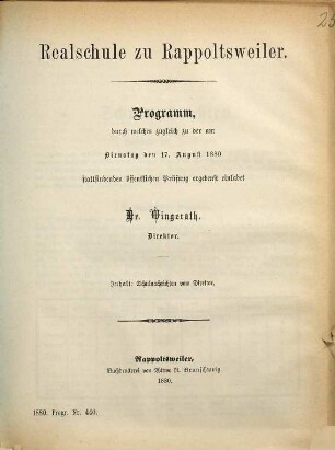 Programm : mit welchem zu der öffentlichen Schulfeier am ... ergebenst einladet der Direktor. 1879/80