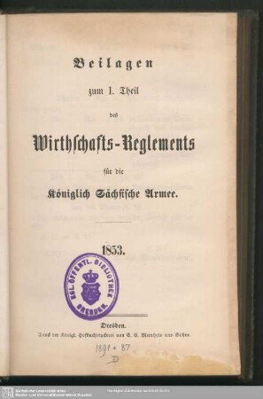 Beil. 1: Wirthschafts-Reglement für die Königlich Sächsische Armee