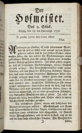 Das 9. Stück. Leipzig, den 28 des Hornungs. 1752.