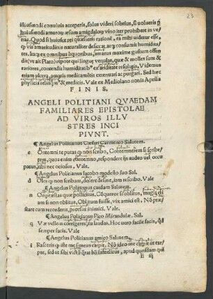 Angeli Politiani Quaedam Familiares Epistolae Ad Viros Illustres Incipiunt.