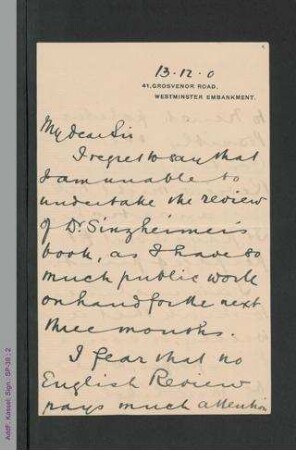 Brief von Sidney Webb an Heinrich Braun, hs