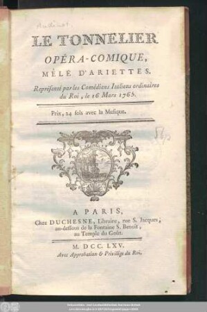 Le Tonnelier : Opéra-Comique, Mêlé D'Ariettes