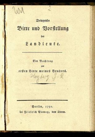 Dringende Bitte und Vorstellung der Landleute : Ein Nachtrag zur ersten Bitte meines Bruders