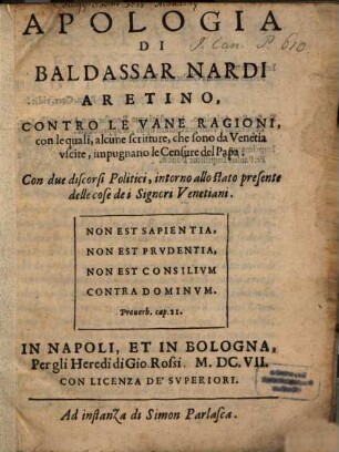 Apologia contro le vane ragioni con le quali alcune scritture impugnano le censure del Papa