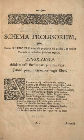 Schema prolusorium, quo Genius Buchoniæ suum de propagatis sub pacifica, & juridica Themide terræ finibus Judicium explicat.