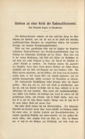 Umrisse zu einer Kritik der Nationalökonomie.